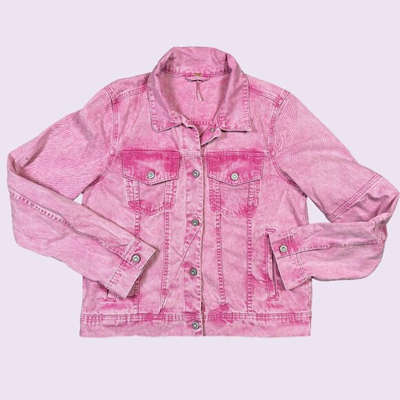 Free People X We The Free Rumors Denim Jacket Pink Acid Wash Women's X-Large - Picture 2 of 6